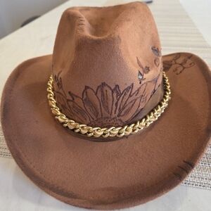 Brown Cowboy Hat Hand Burned with Gold Chain Accent